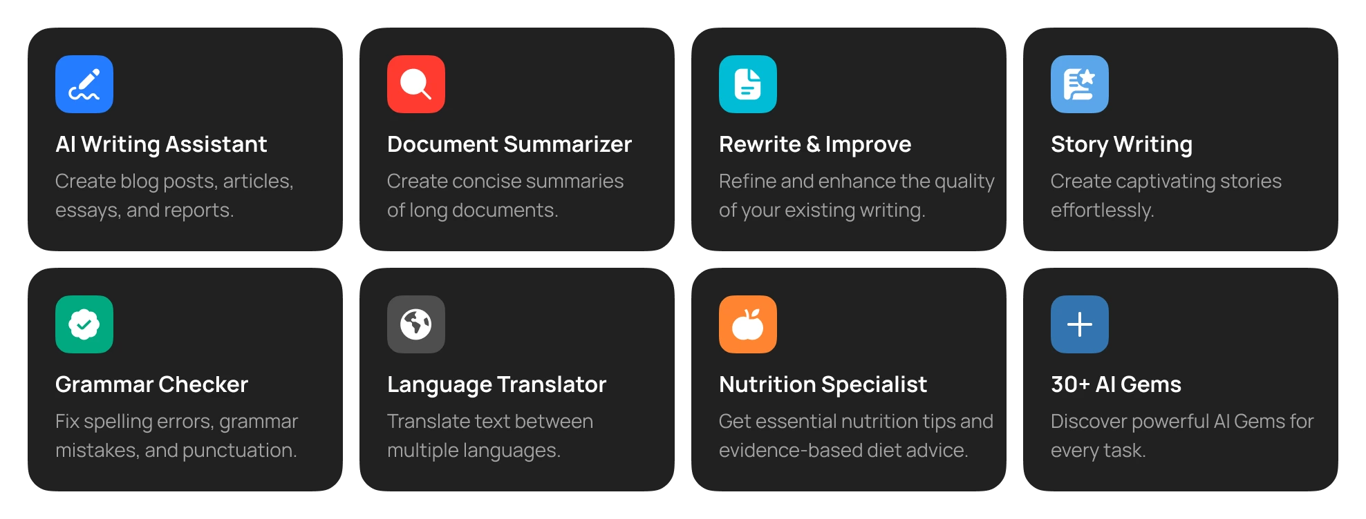 GemX tools for AI writing, document summaries, rewriting, stories, grammar, translation, nutrition, and more