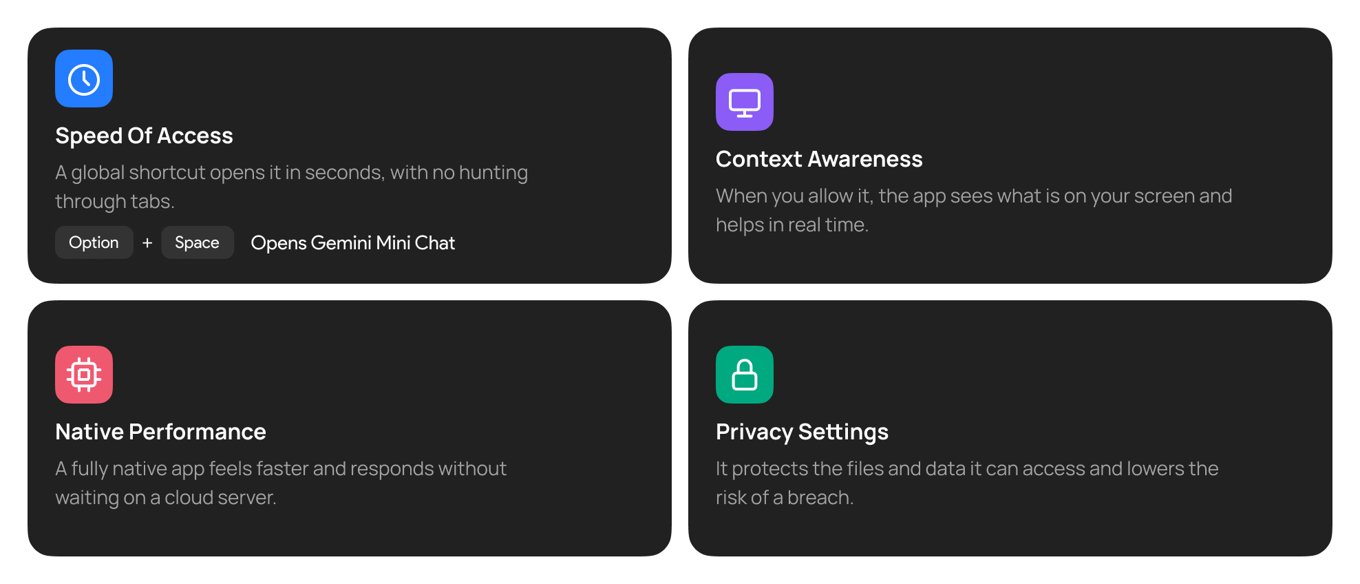 Four qualities to consider in an AI app for Mac: speed of access, context awareness, native performance, and privacy settings
