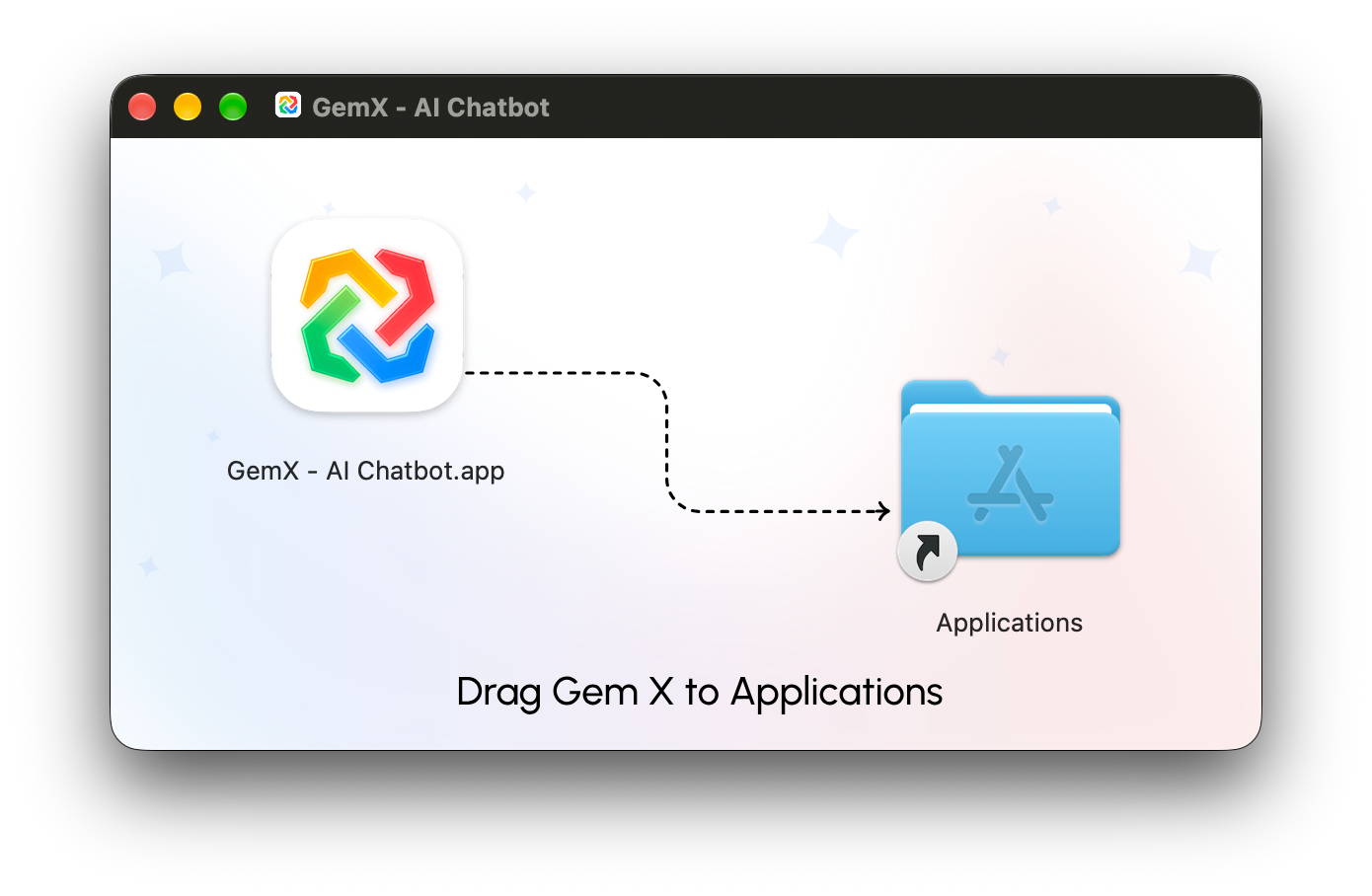 GemX installer window prompting you to drag the app icon into the Applications folder