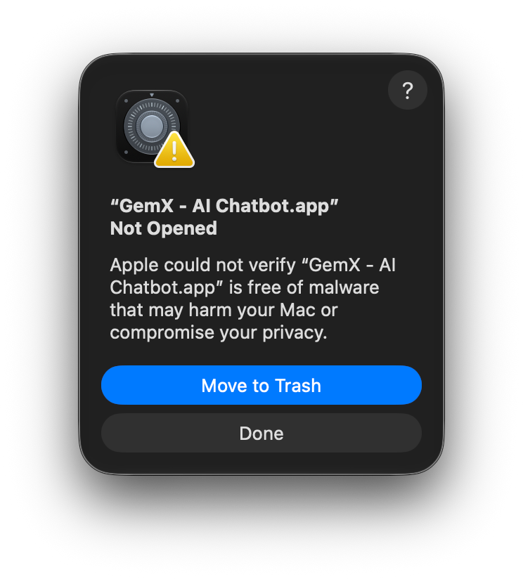 macOS Gatekeeper dialog saying GemX - AI Chatbot Assistant was not opened because Apple could not verify it