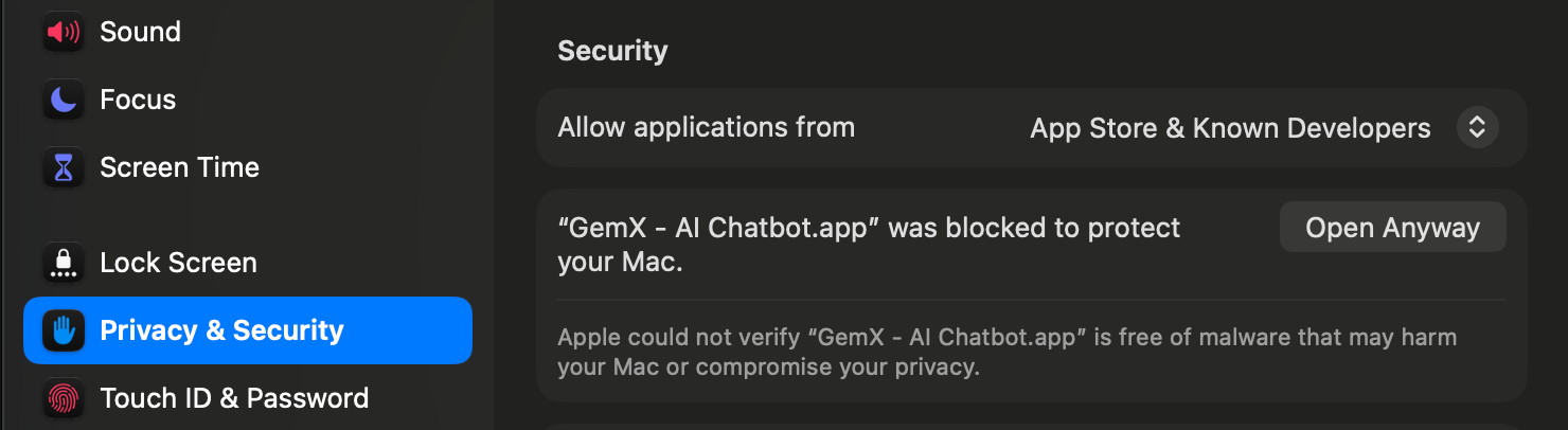 System Settings Privacy and Security pane showing an Open Anyway button next to a message that GemX was blocked